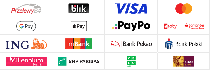 Dostępne płatności: Przelewy24, BLIK, Visa, Mastercard, Google Pay, Apple Pay, PayPo, raty i przelewy bankowe